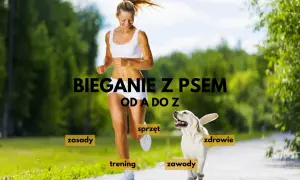 Szczęśliwa kobieta i jej pies biegną razem. Napis "Bieganie z psem od A do Z" sugeruje kompleksowe podejście do tej aktywności.