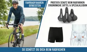 Rowerzysta cieszy się jazdą, a grafika pokazuje, jak dbać o prostatę podczas jazdy na rowerze: ergonomiczne siodełka i specjalna odzież.