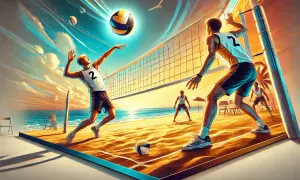 Dynamiczne zagranie siatkarza na plaży, piłka w locie, zachód słońca.