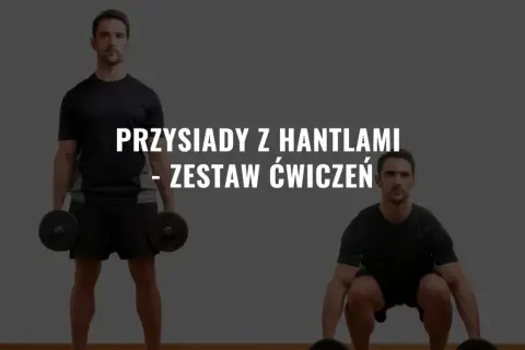 Mężczyzna wykonuje przysiady z hantlami. Ćwiczenie na siłowni.