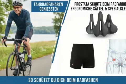 Rowerzysta cieszy się jazdą, a grafika pokazuje, jak dbać o prostatę podczas jazdy na rowerze: ergonomiczne siodełka i specjalna odzież.