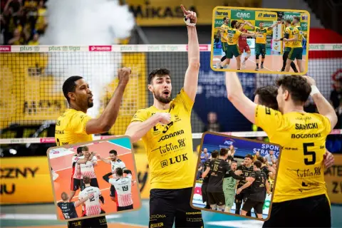Siatkarze świętują zwycięstwo w Plus Lidze. Emocje po meczu play-off, radość drużyny w żółtych strojach.