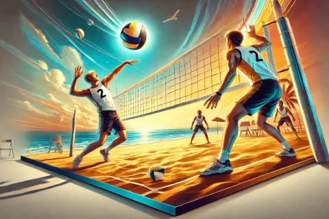 Dynamiczne zagranie siatkarza na plaży, piłka w locie, zachód słońca.